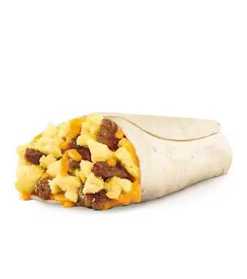 Freshly prepared Sonic breakfast burrito filled with fluffy scrambled eggs, melted cheese, and sausage served hot with Sonic menu prices