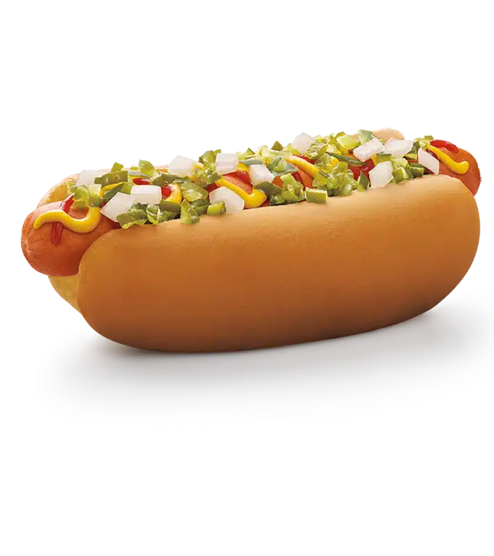 Sonic All American Dog topped with mustard, ketchup, relish, and onions for a classic taste.