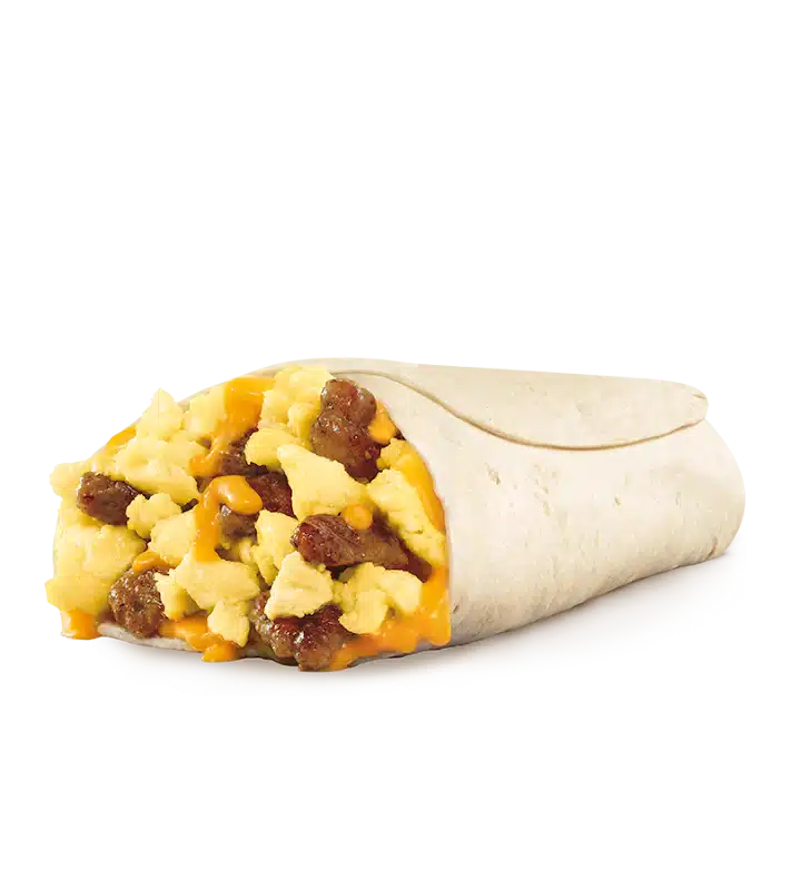 Jr. breakfast burrito from Sonic menu prices with fluffy scrambled eggs, melted cheddar cheese, and savory sausage wrapped in a warm tortilla