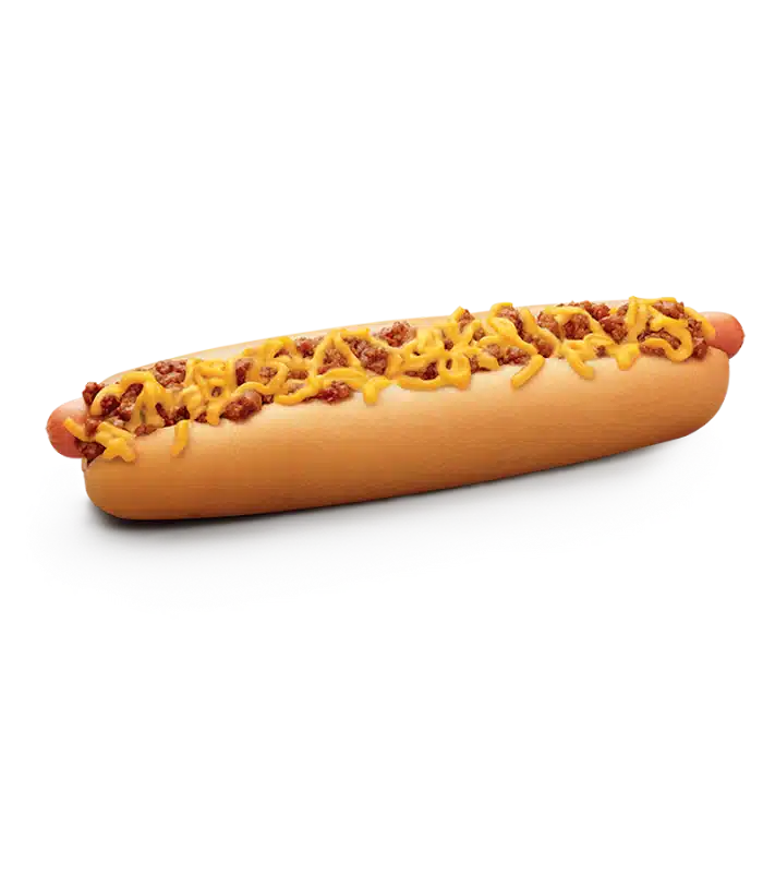 Sonic Footlong Quarter Pound Coney topped with warm chili and melted cheese on a soft bun.