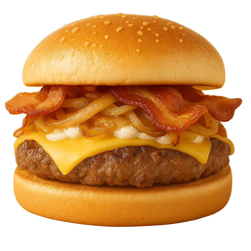 Garlic Butter Bacon Burger from Sonic menu prices featuring a juicy beef patty topped with crispy bacon, melted cheese, and rich garlic butter sauce on a warm toasted bun