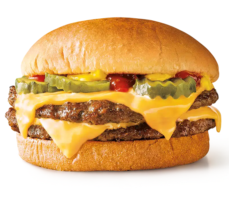 Quarter Pound Double Cheeseburger from the Sonic menu, stacked with two seasoned beef patties, melted cheese, pickles, ketchup, and mustard on a warm bun