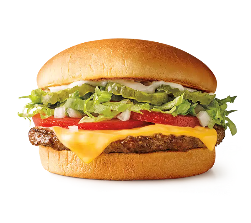 Classic SONIC cheeseburger from Sonic menu prices with juicy beef patty, melted American cheese, fresh lettuce, tomatoes, onions, pickles, and creamy mayo on a toasted bun