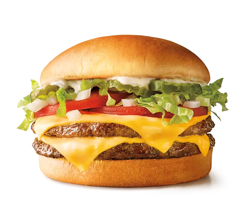 SuperSONIC Double Cheeseburger from Sonic menu prices with two juicy beef patties, melted American cheese, fresh lettuce, tomatoes, onions, pickles, and mayo on a toasted bun