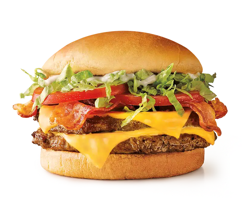 SuperSONIC Bacon Double Cheeseburger from Sonic menu prices featuring two juicy beef patties, crispy bacon, melted American cheese, fresh lettuce, tomatoes, onions, pickles, and mayo on a toasted bun