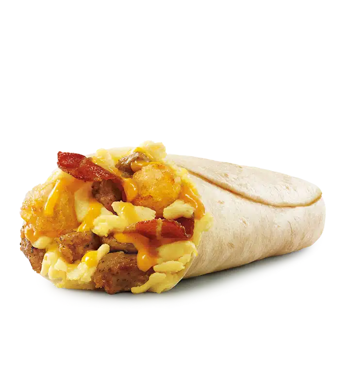Sonic Menu Ultimate Meat & Cheese Breakfast Burrito stuffed with crispy bacon, savory sausage, fluffy scrambled eggs, melted cheddar cheese, and zesty cheese sauce, all wrapped in a warm flour tortilla