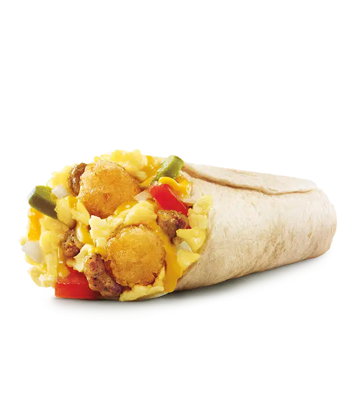Loaded SuperSONIC breakfast burrito option from Sonic menu prices featuring fluffy eggs, sausage, bacon, cheddar cheese, and crispy tater tots wrapped in a warm tortilla
