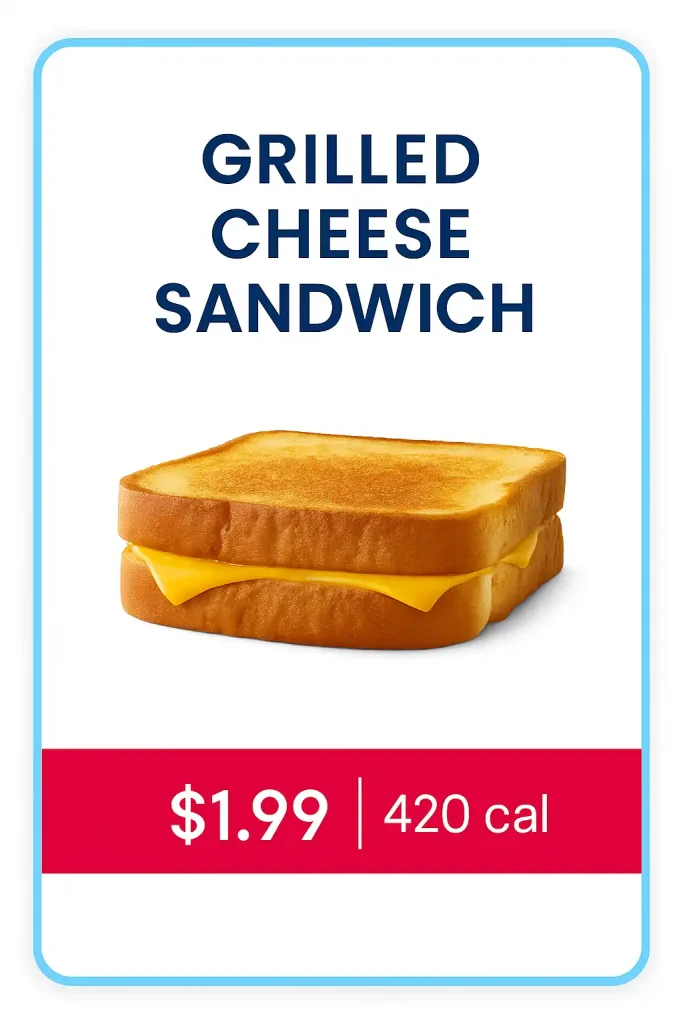 Grilled Cheese Sandwich from Sonic $1.99 value menu, toasted golden bread filled with melted American cheese.