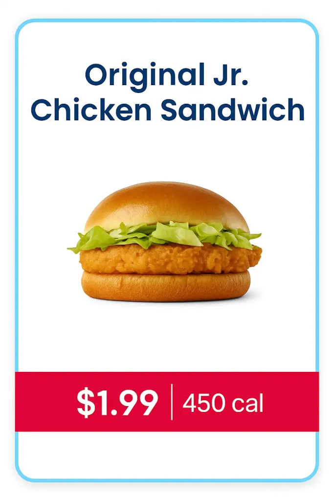 Sonic Original Jr. Chicken Sandwich, a $1.99 menu item with crispy chicken patty, lettuce and mayo in soft bun.