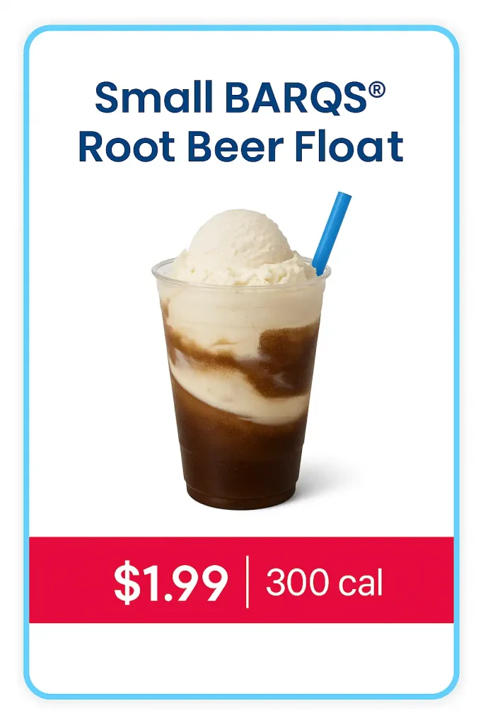 Small BARQ’S Root Beer Float at Sonic’s $1.99 menu, creamy vanilla ice cream scoop served over root beer soda.