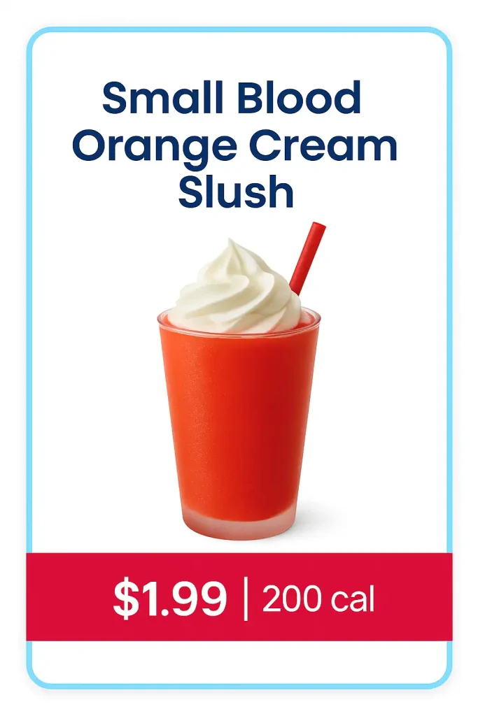 Small Blood Orange Cream Slush from Sonic’s $1.99 drink menu, icy orange-pink slush topped with cream and straw.