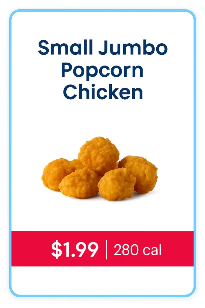 Sonic’s Small Jumbo Popcorn Chicken snack, $1.99 menu favorite with golden crispy chicken bites in a small box.