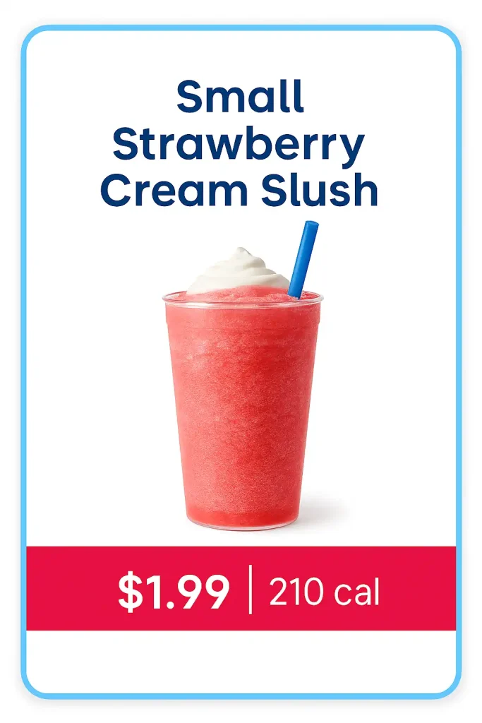 Strawberry Cream Slush from Sonic’s $1.99 menu, sweet icy strawberry flavored drink topped with cream and straw