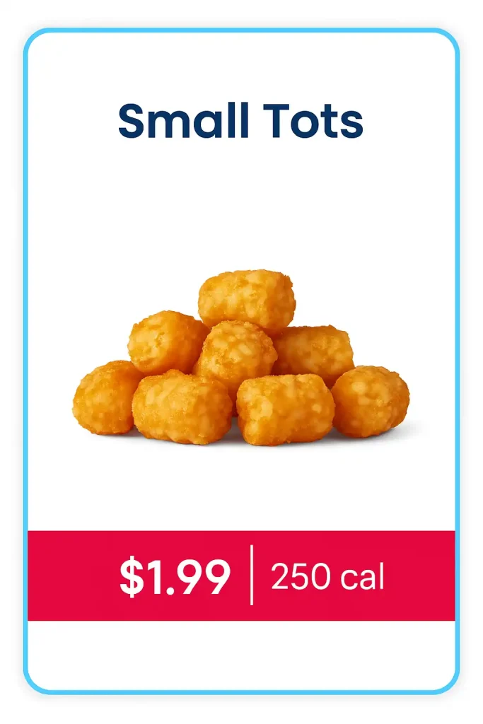 Crispy golden brown tater tots served at Sonic $1.99 value menu, a cheap side snack with hot crunchy potato flavor