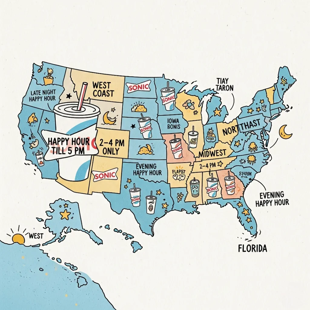 Sonic Happy Hour map 2025 showing drink deals and timings across different U.S. regions
