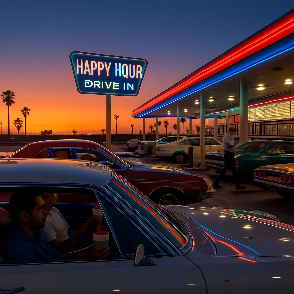 Sonic Drive-In Happy Hour retro diner scene with neon lights, cars, and sunset vibes