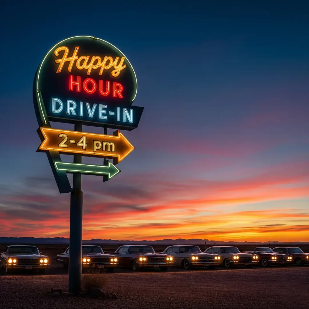 Sonic Happy Hour neon drive-in sign showing 2 to 4 pm deal at sunset with classic cars