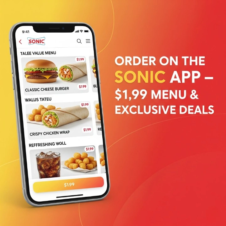 Sonic app promo showing $1.99 menu with cheeseburger, crispy chicken wrap, tots, and a cold drink