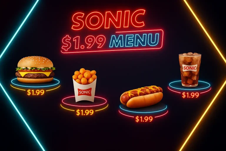Sonic $1.99 menu with cheeseburger, tots, chili dog, and soda displayed in vibrant neon style