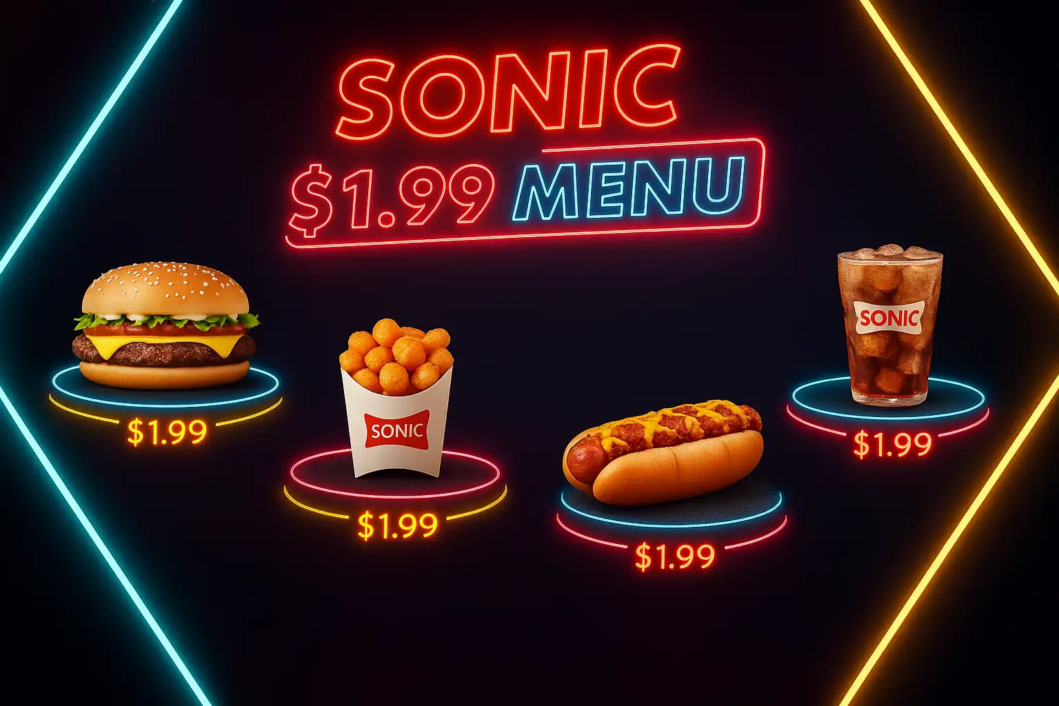 Sonic $1.99 menu with cheeseburger, tots, chili dog, and soda displayed in vibrant neon style