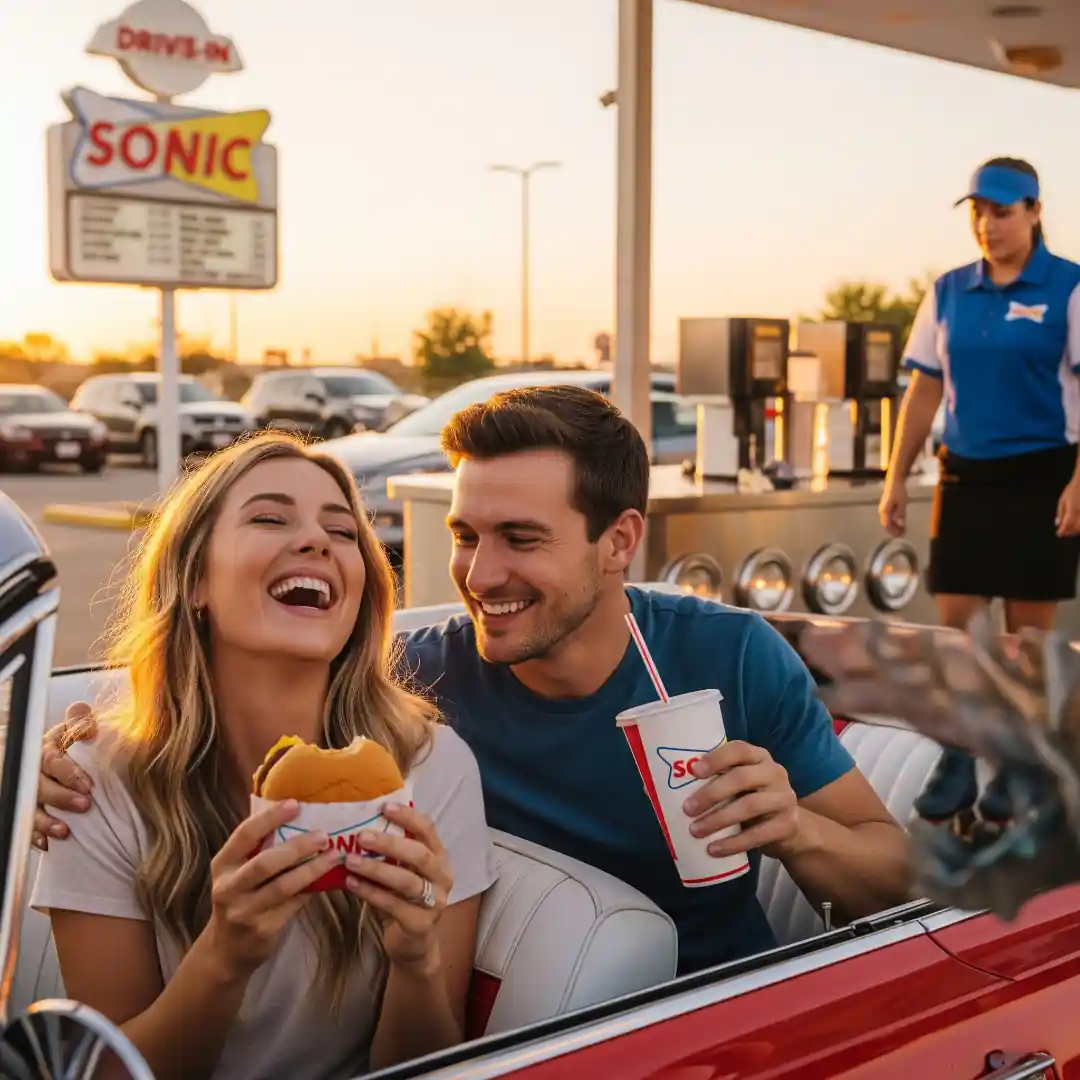 Couple enjoying burgers and drinks in a classic car at Sonic Drive-In during sunset