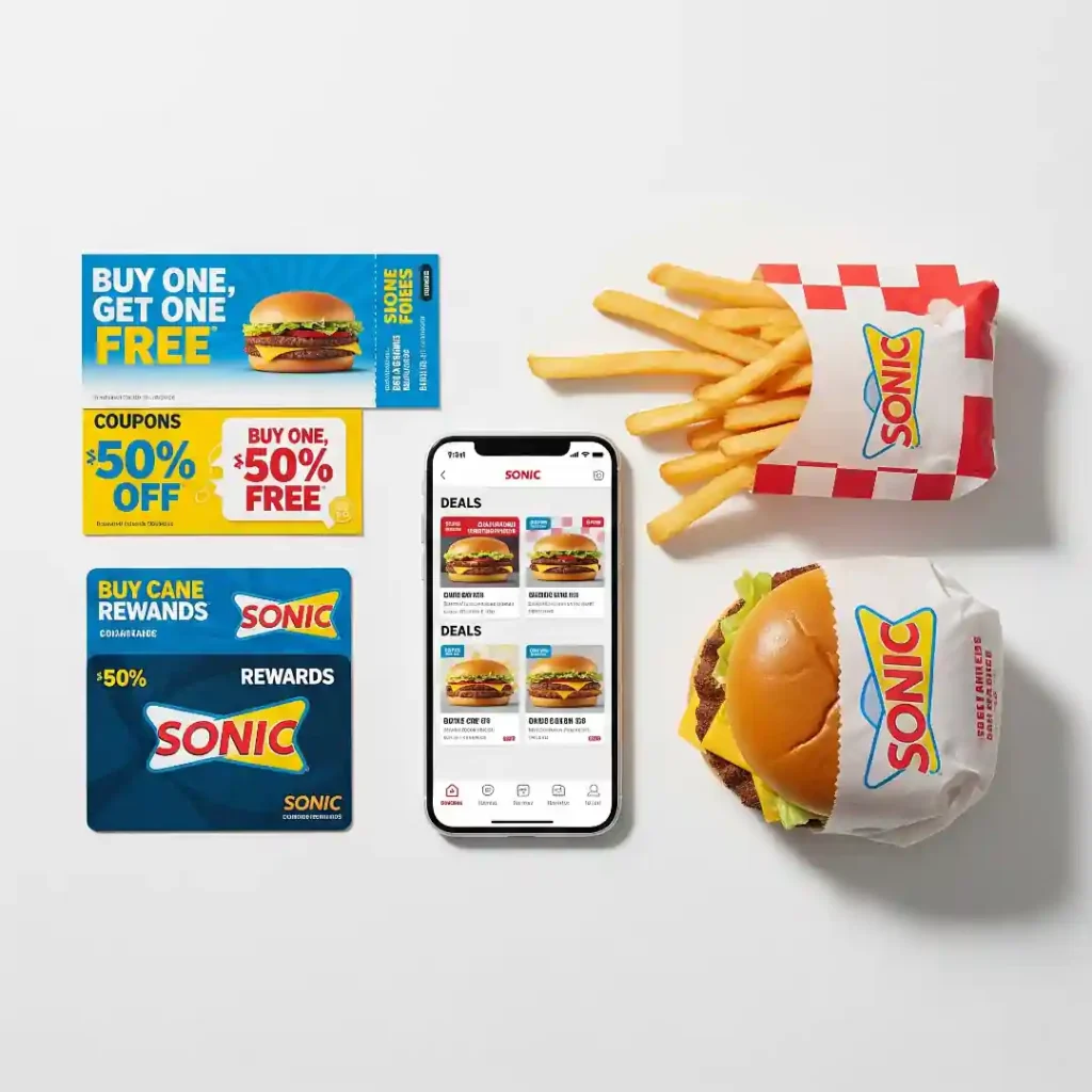 Sonic coupons, rewards card, mobile app deals, burger and fries for saving more on meals