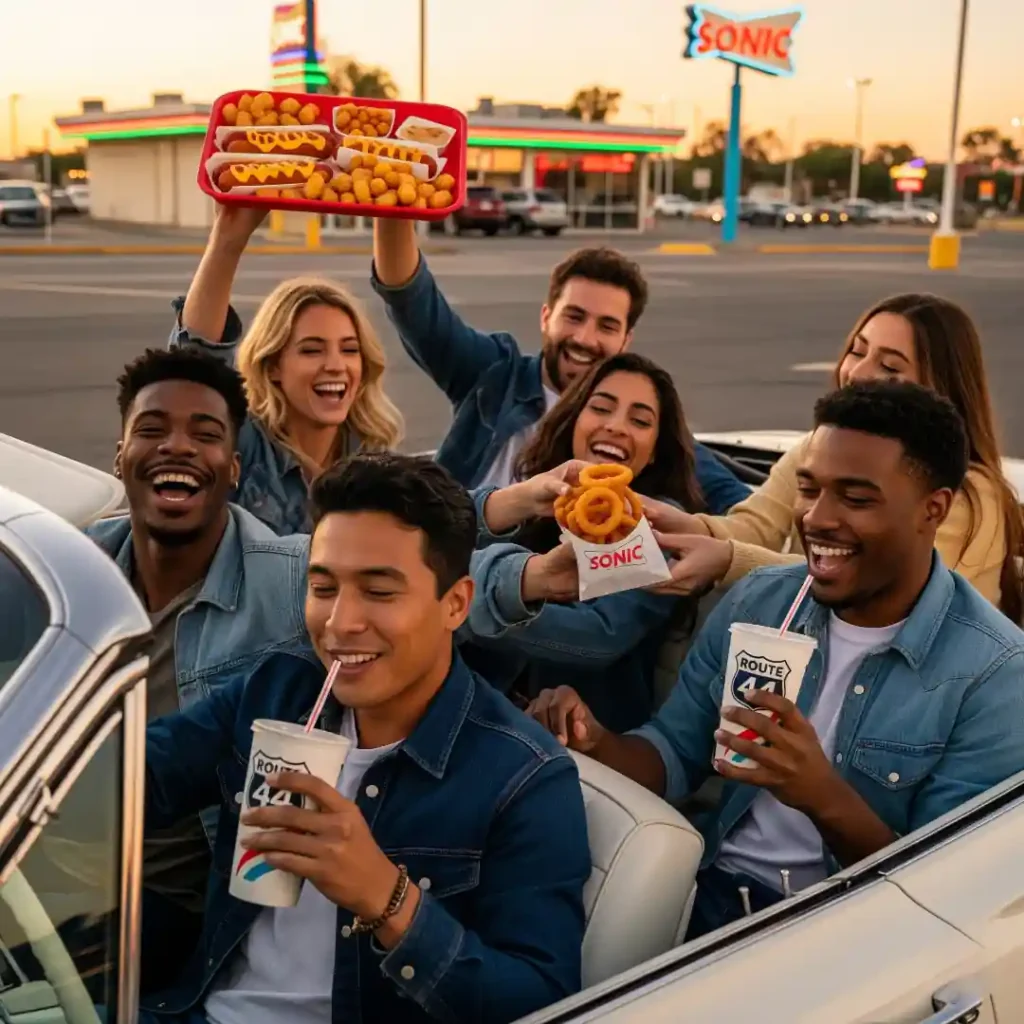 Friends sharing Sonic onion rings, hot dogs, and Route 44 drinks at Sonic Drive-In