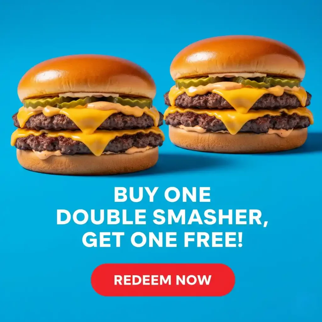 Sonic Double Smasher burger deal with melted cheese, pickles, and buy one get one free offer