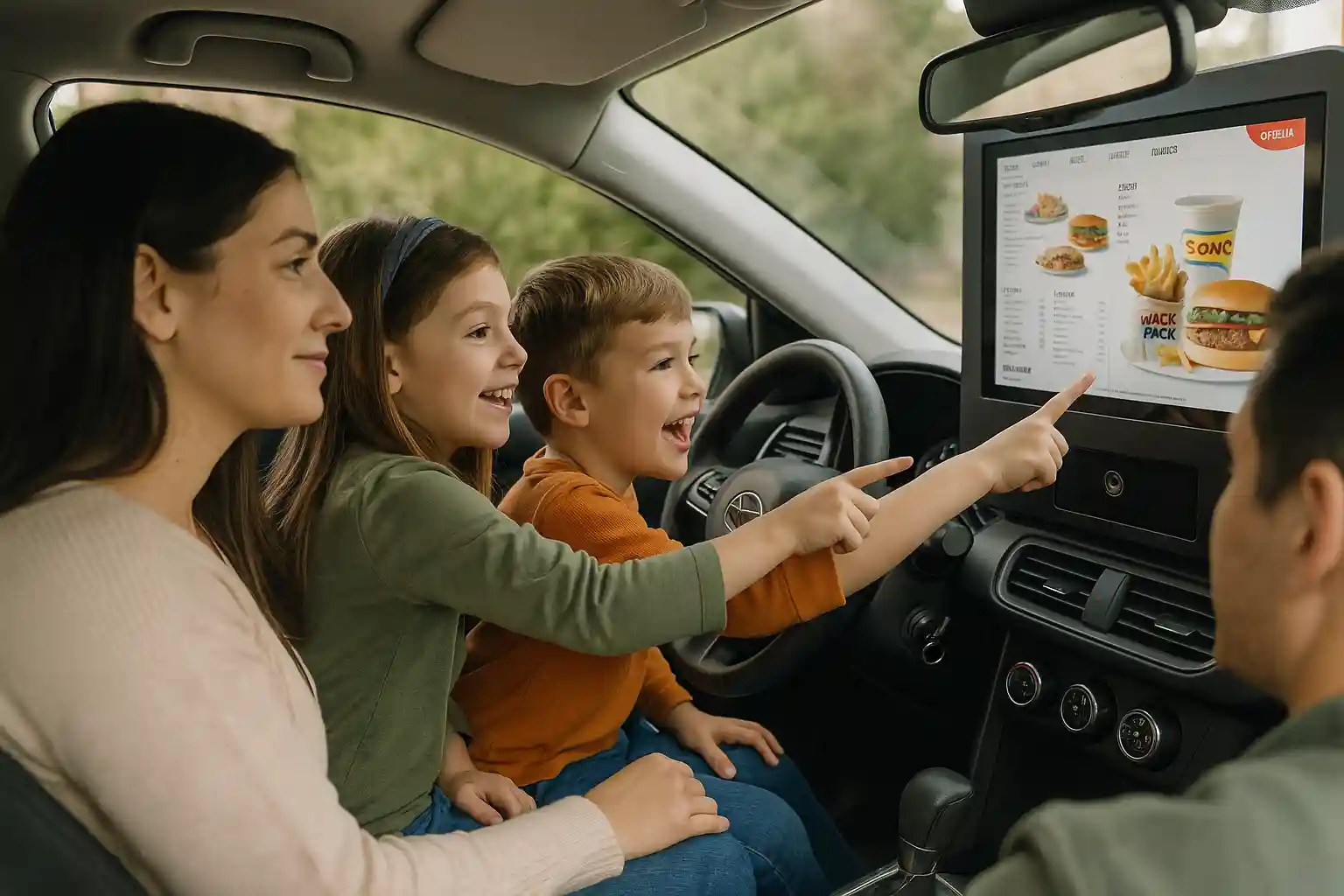 Family in a car at Sonic drive-in ordering screen, kids pointing at Wacky Pack meal options