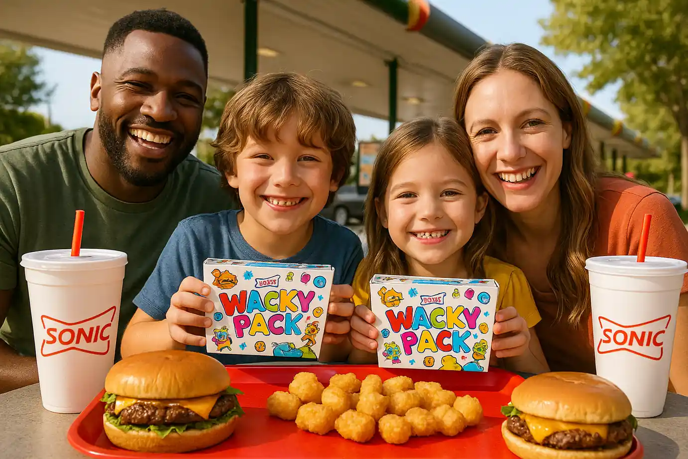 Happy family enjoying Sonic Drive-In Wacky Pack meals with kids smiling on a sunny afternoon