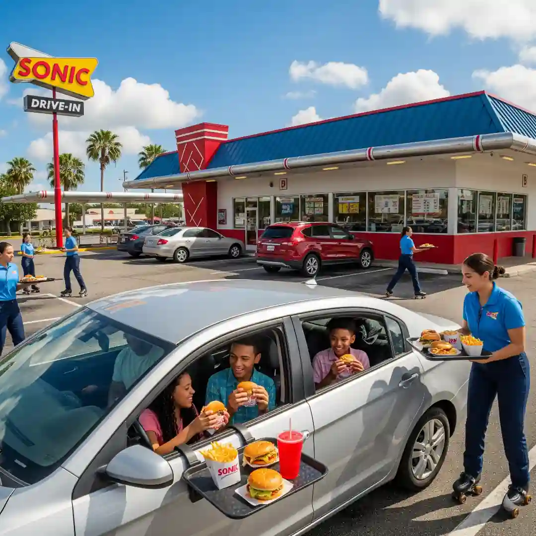 Family enjoying burgers, fries, and drinks at a Sonic Drive-In carhop with servers on roller skates
