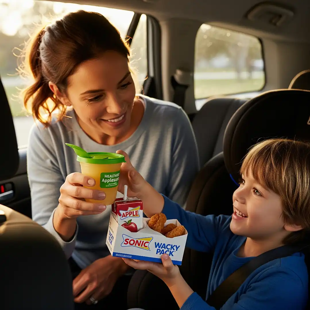 Sonic kids meal healthier combo with applesauce, apple juice, and chicken nuggets in Wacky Pack box