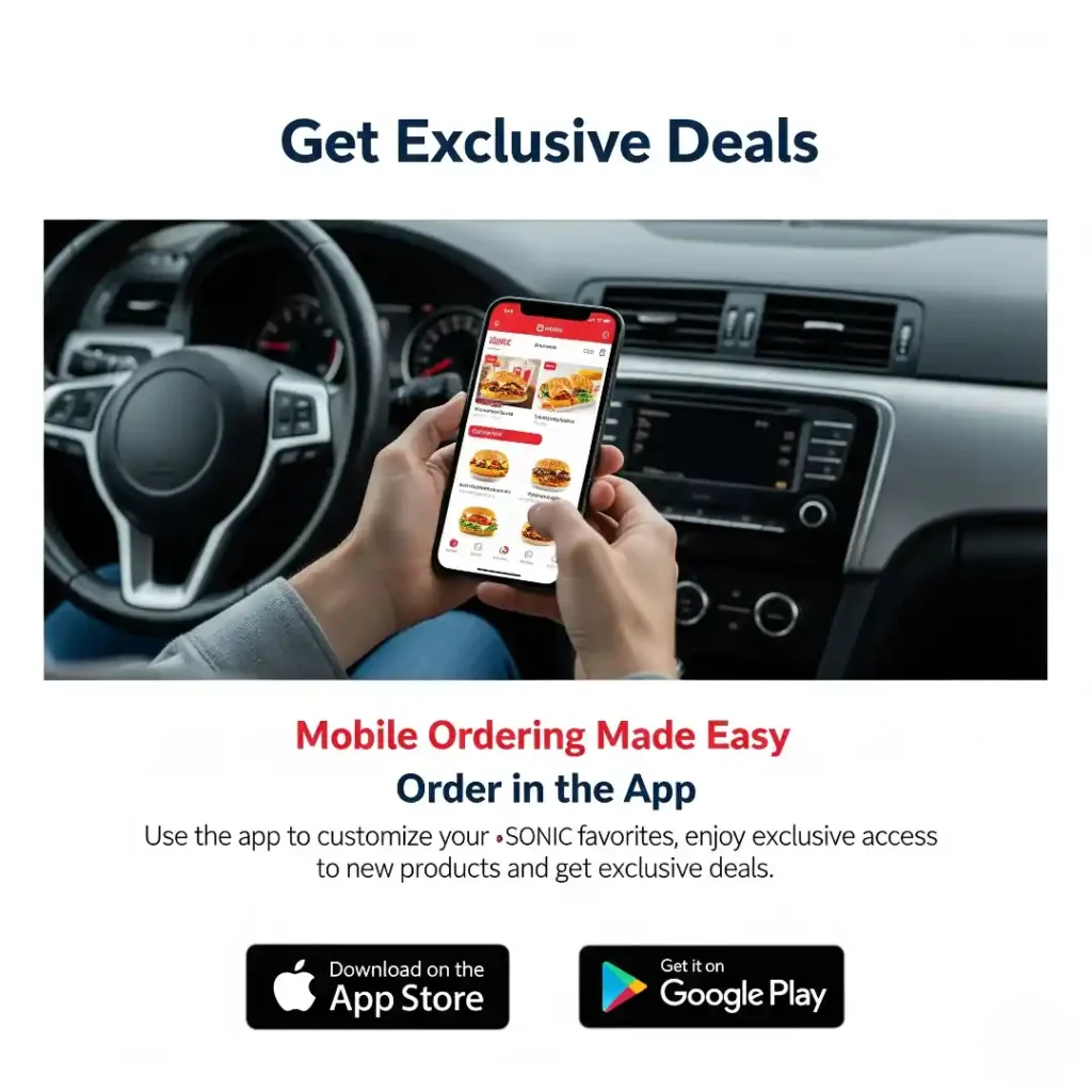 Sonic app mobile ordering screen showing exclusive deals and menu items in a car setting
