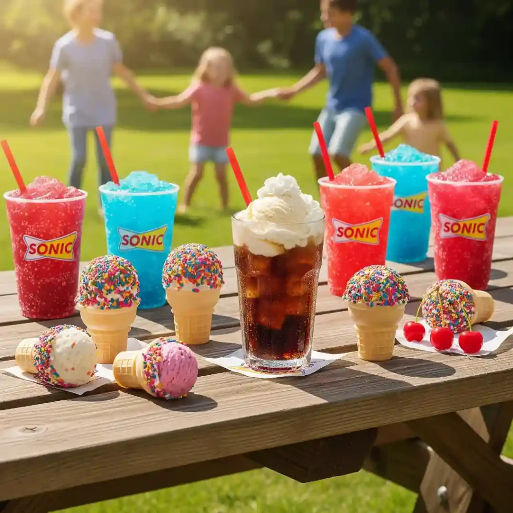 Sonic holiday special with colorful slushes, ice cream cones, and floats at a family picnic